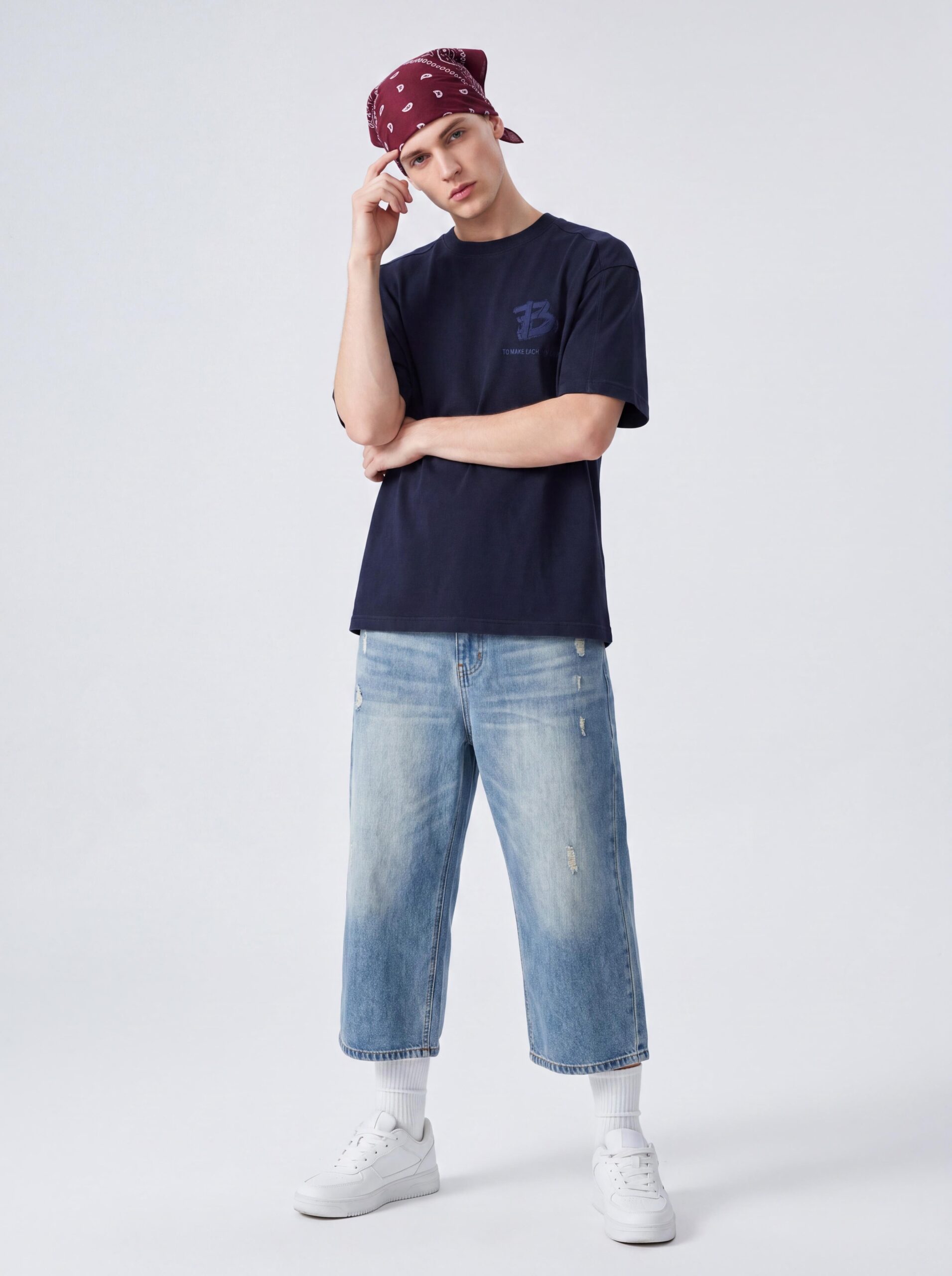Letter B Print‑Over‑Woven‑Tape Satin‑Stitch Embroidery Oversized Unisex T‑Shirt