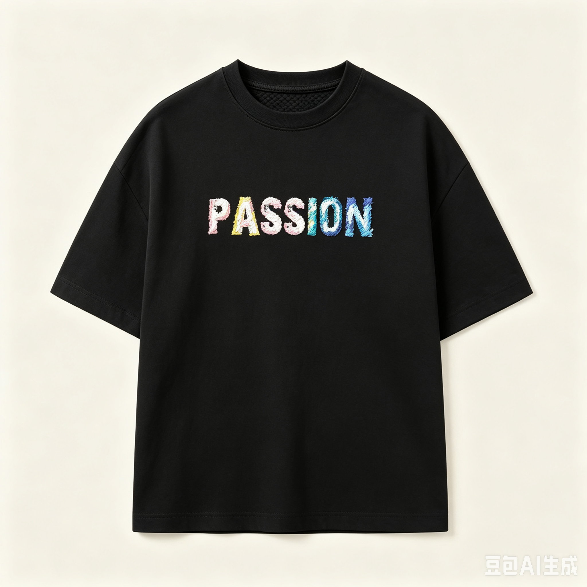 PASSION Letter Print‑Embroidery Combined Black Oversized Unisex T‑Shirt - Image 3