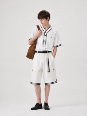 Men's Color-Block Woven Short Sleeve Shirt and Twill Shorts Matching Set