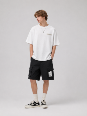 Men's Washed Black Utility Cargo Shorts with Dual Woven Patch Details