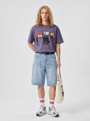 Print‑Embroidery Hybrid Washed T‑Shirt With Cord‑Embroidery Framed Appliqué & Water‑Based Gel Print