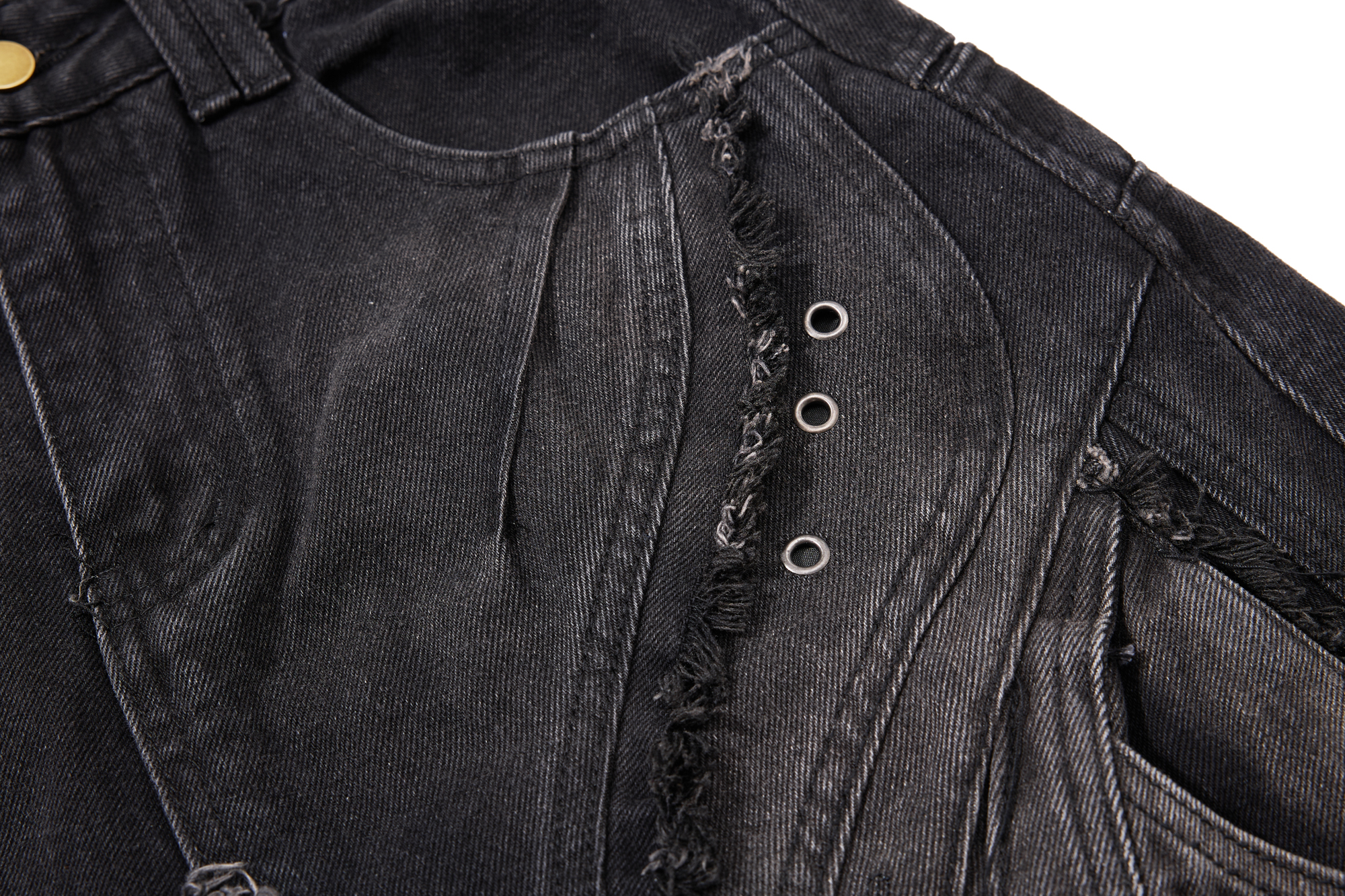 Avant-Garde Deconstructed Raw-Edge Cargo Curved Pants (Washed Black) - Image 4