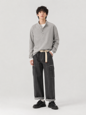 Men's Vintage Washed Charcoal Cargo Pants with Contrast Stitching & Satin Stitch Embroidery