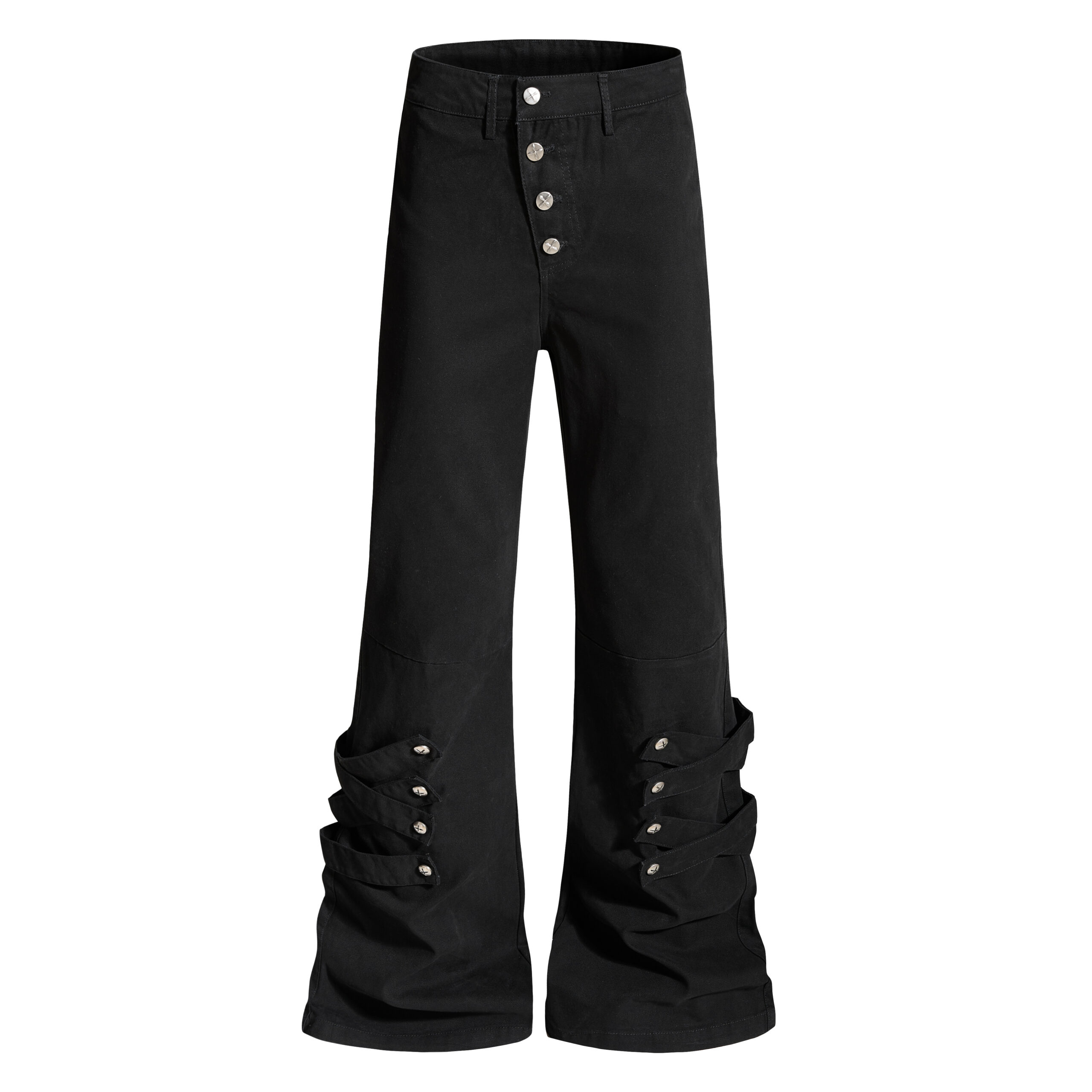Gothic Metal Snap Button Deconstructed Flared Pants (Black) - Image 4