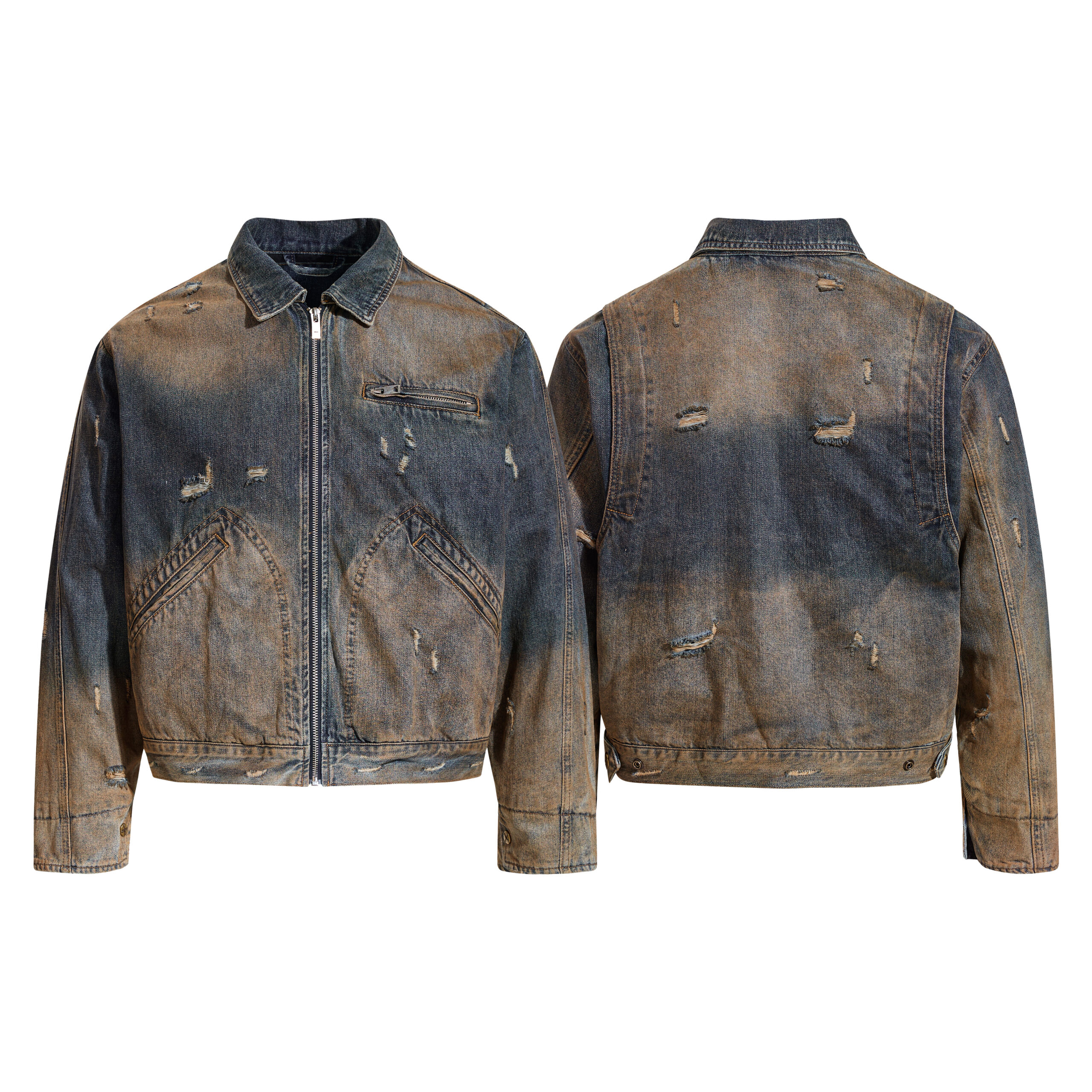 Vintage Monkey Wash Distressed Zipper Denim Jacket