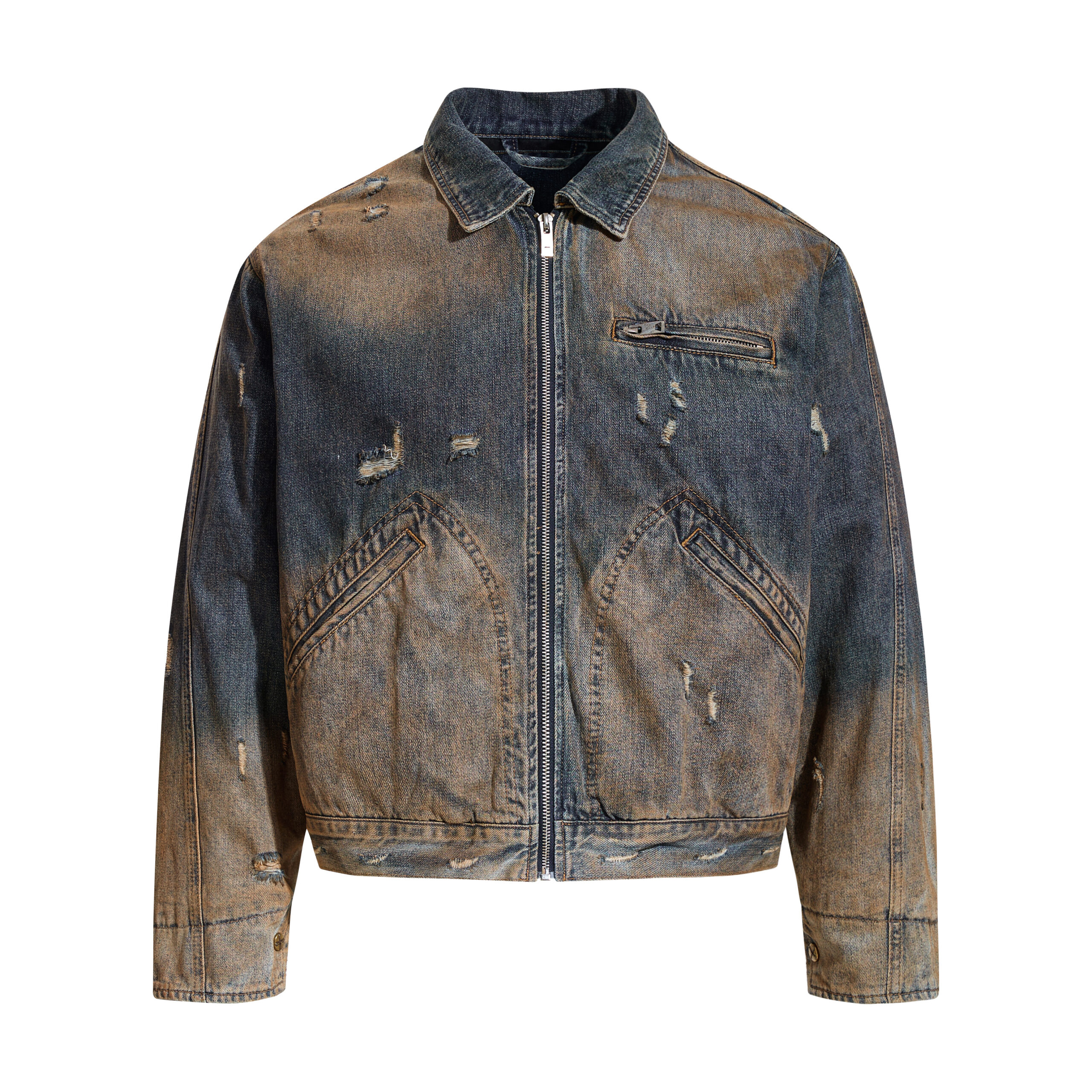 Vintage Monkey Wash Distressed Zipper Denim Jacket - Image 2